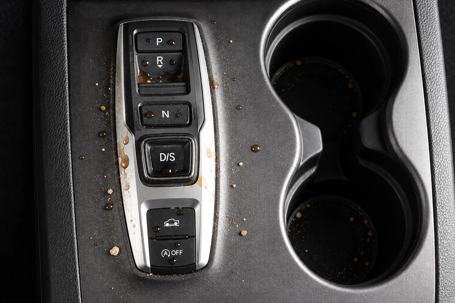 Overhead concept of coffee droplets and dust on an uncovered Honda shifter
